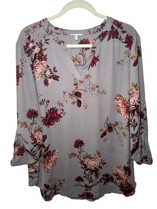 Maurices Tops - Maurices Women's Floral Split-Neck Blouse Gray Burgundy Floral Long Sleeve Light